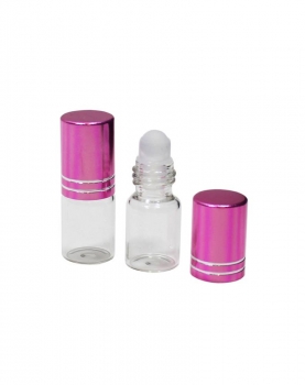 Roll-On 3ml rund mit Glaskugel, komplett, weissglas mit pinkem/rosa Deckel, silber gestreift
